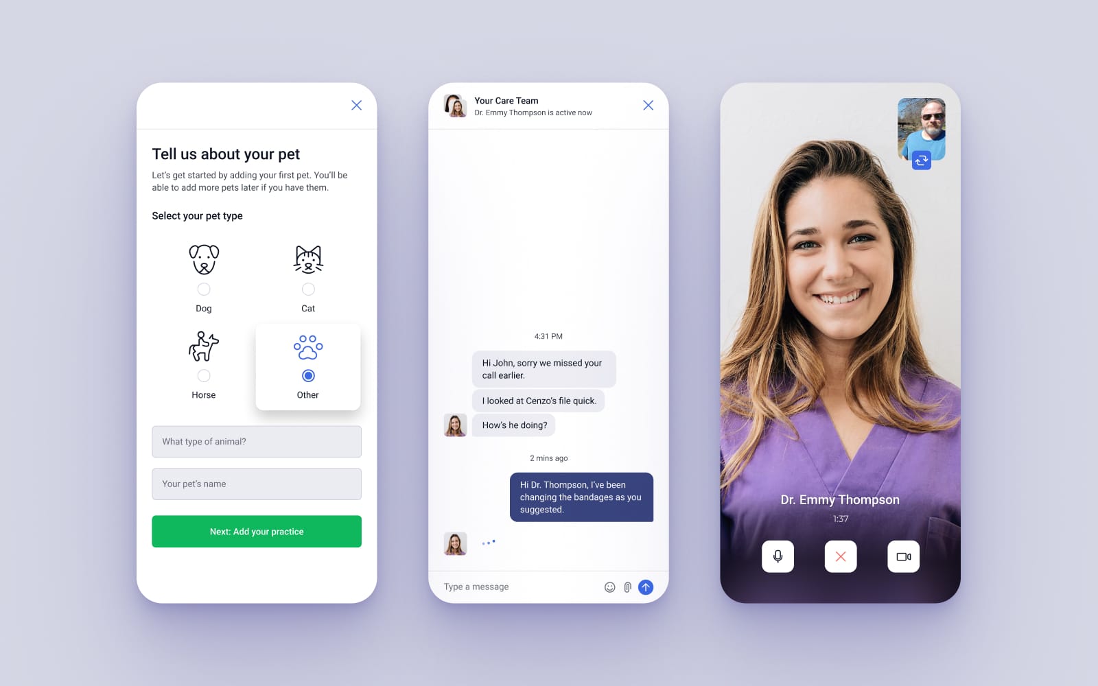 Telehealth mobile app interfaces for chat and video calls.