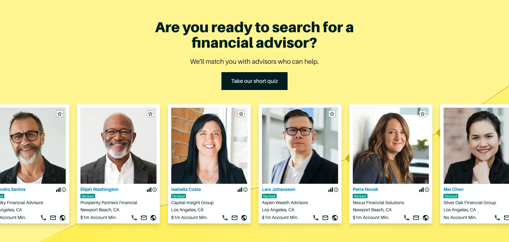 Wealthtech matchmaking interface for connecting with qualified financial advisors.