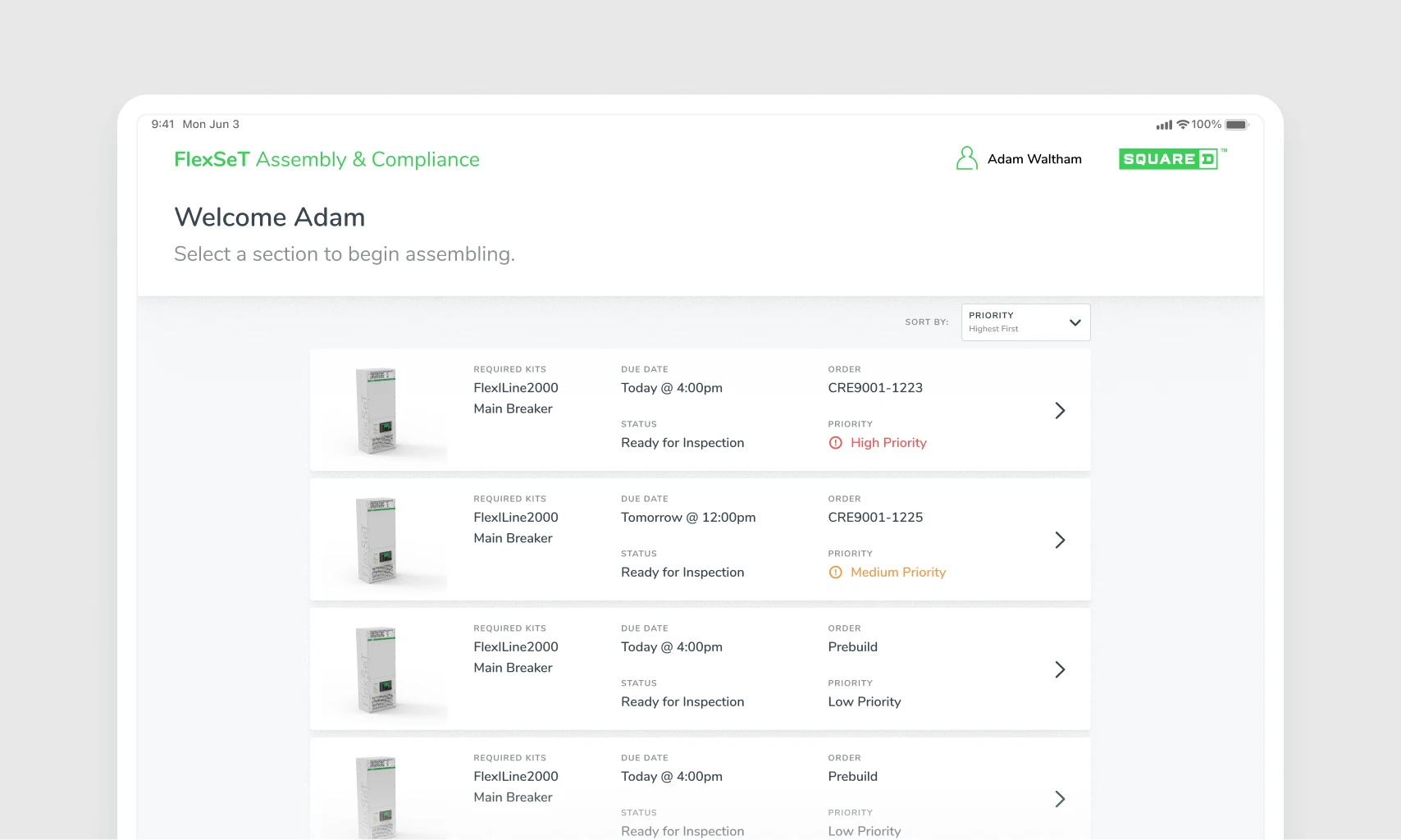 Schneider Electric FlexSet assembly assistance and compliance mobile app interface.