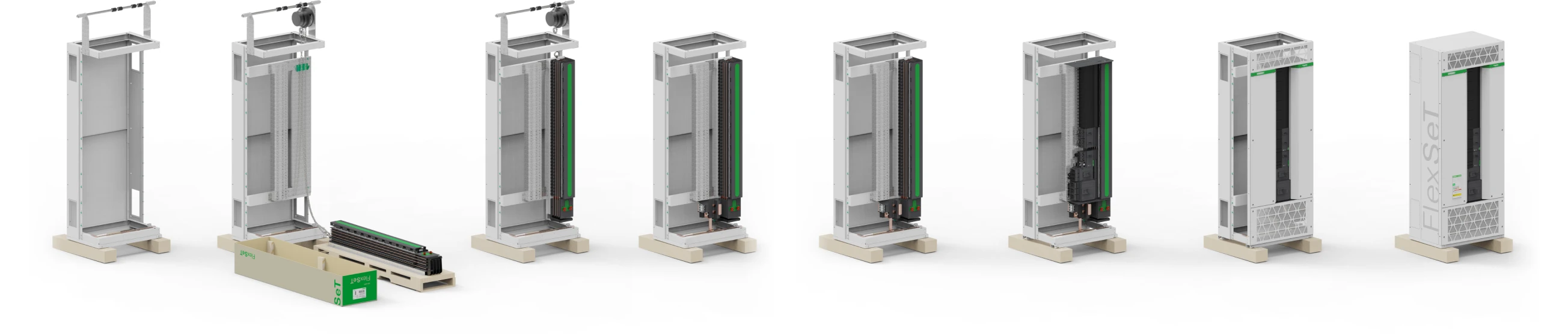 Schneider's electrical panels in ascending stages of assembly.